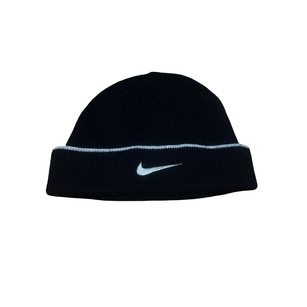 Vintage Nike Black Beanie Center Swoosh Cap 90s Skullcap